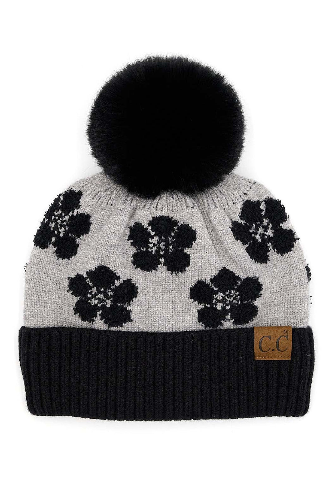 Black CC Chenille Daisy Pattern Beanie