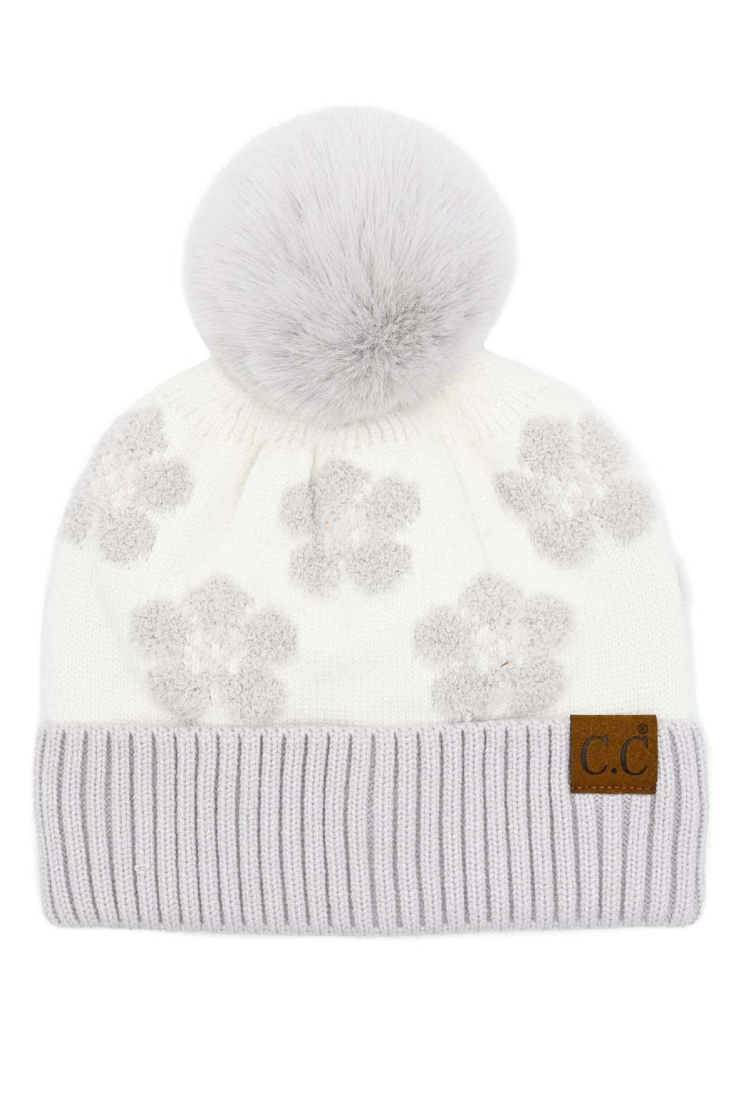 Light Melange Grey CC Chenille Daisy Pattern Beanie