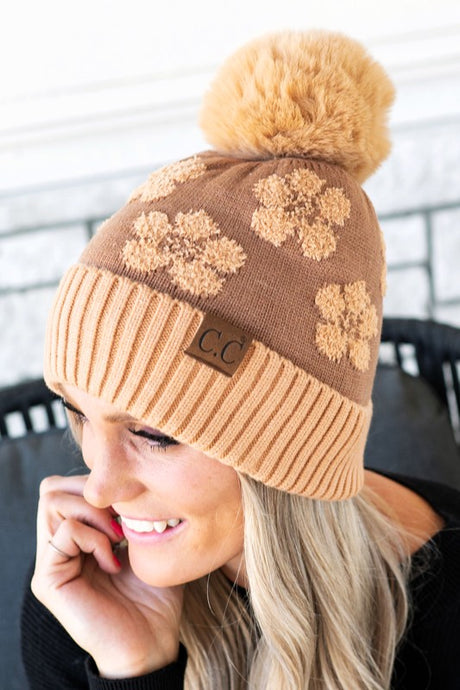 Sand CC Chenille Daisy Pattern Beanie