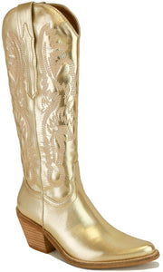 Gold Women Pointy Toe Chunky Heel Cowboy Boots