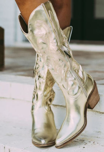 Gold Women Pointy Toe Chunky Heel Cowboy Boots