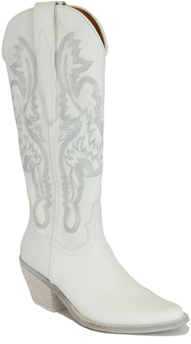 White Women Pointy Toe Chunky Heel Cowboy Boots
