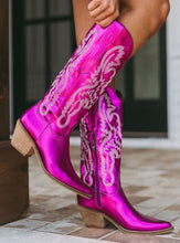 Fuchsia Women Pointy Toe Chunky Heel Cowboy Boots