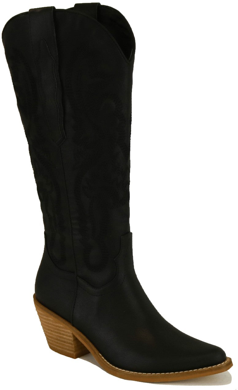 Black Women Pointy Toe Chunky Heel Cowboy Boots