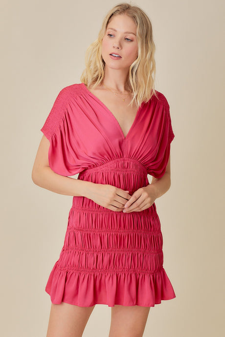 Paradise Pink Smocked Shoulder Shirred Dress