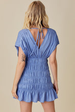 Water Blue Smocked Shoulder Shirred Dress