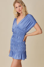 Water Blue Smocked Shoulder Shirred Dress