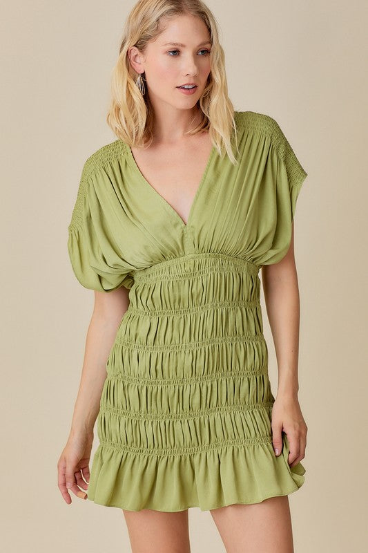 Avocado Smocked Shoulder Shirred Dress