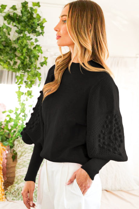 Black Textured Long Puff Sleeve Sweater Top