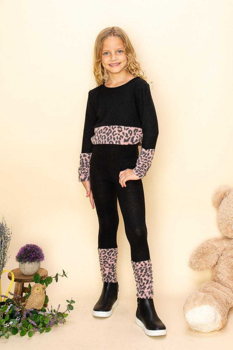 Clay Contrast Rouching Animal Hem Fleece Top&Pants Set