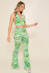 Green Combo Set-Halter Retro Print Top With Pants