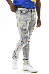 Grey Multi Color Paint Brushed Spandex Slim Taper Denim