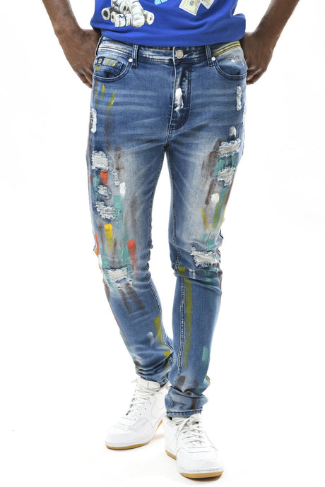 Indigo Blue Multi Color Paint Brushed Spandex Slim Taper Denim