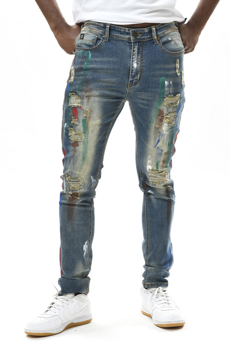 Vintage Multi Color Paint Brushed Spandex Slim Taper Denim