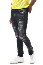 Black Multi Color Paint Brushed Spandex Slim Taper Denim