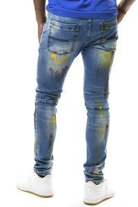 Indigo Blue Multi Color Paint Brushed Spandex Slim Taper Denim