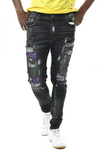 Black Multi Color Paint Brushed Spandex Slim Taper Denim