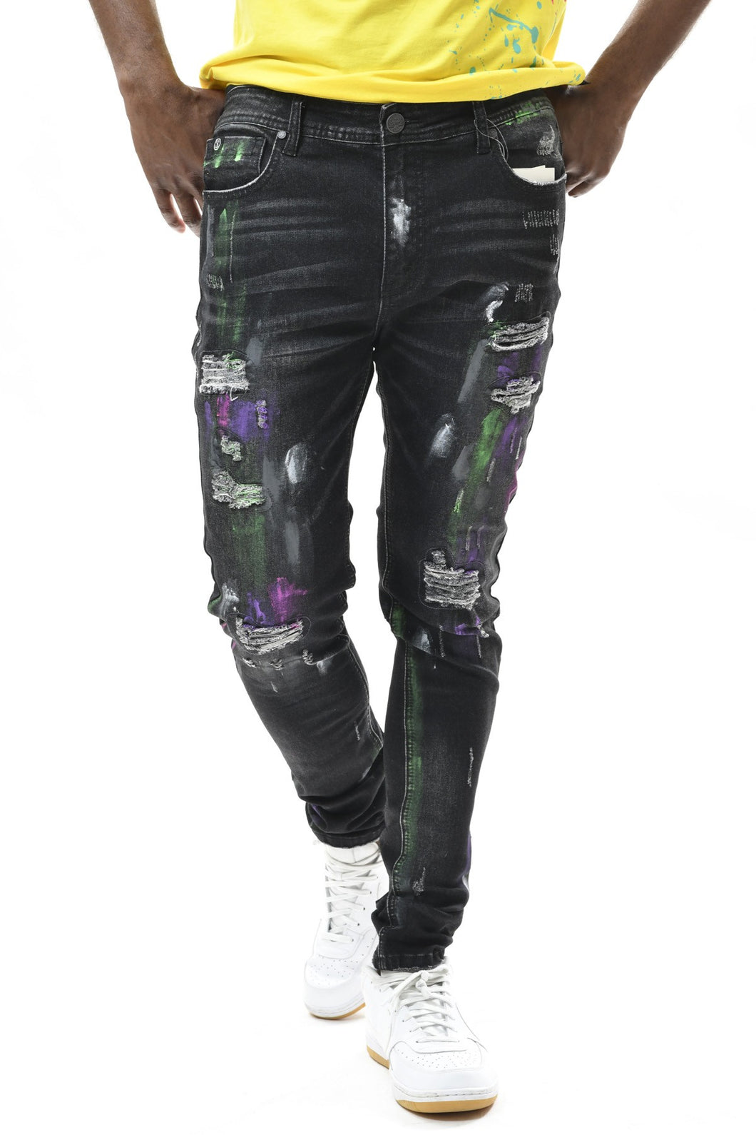 Black Multi Color Paint Brushed Spandex Slim Taper Denim