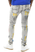 Grey Multi Color Paint Brushed Spandex Slim Taper Denim