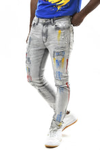 Grey Multi Color Paint Brushed Spandex Slim Taper Denim