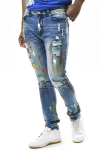 Indigo Blue Multi Color Paint Brushed Spandex Slim Taper Denim