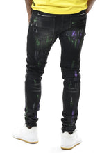 Black Multi Color Paint Brushed Spandex Slim Taper Denim