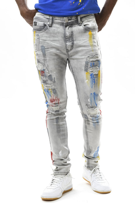 Grey Multi Color Paint Brushed Spandex Slim Taper Denim