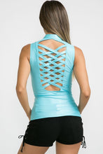 R-Blue Pleather Sleeveless Zip Up Top With Cross Cut