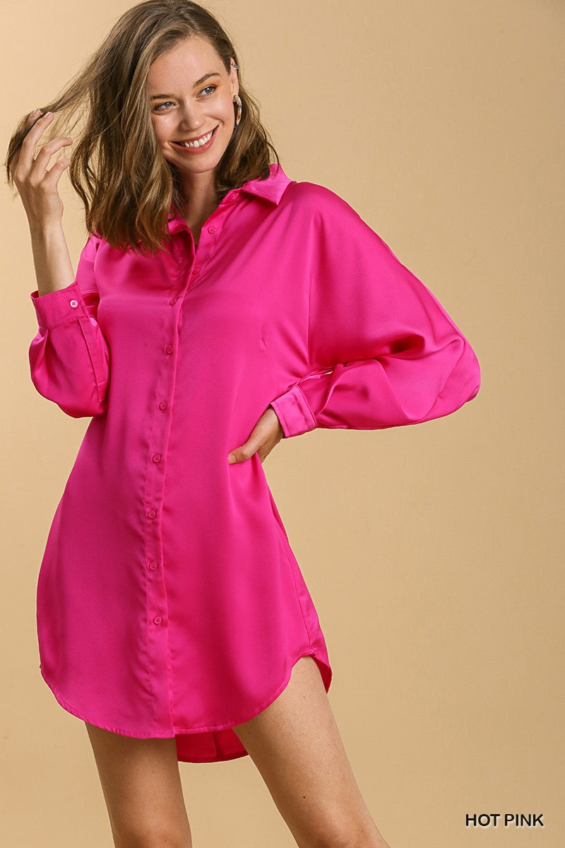 Hot Pink Satin Collar Button Down Long Sleeve Tunic Dress Aquarius Brand Hot Pink Satin Collar Button Down Long Sleeve Tunic Dress Aquarius Brand