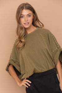 Olive Studded Over Sized High Low T Shirt