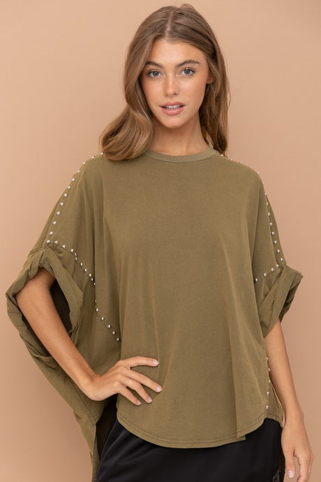Olive Studded Over Sized High Low T Shirt