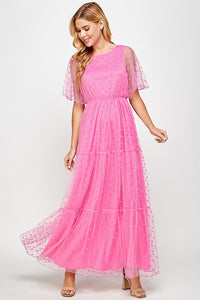 Fuchsia Polka Dot Mesh Maxi Dress