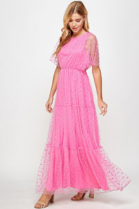 Fuchsia Polka Dot Mesh Maxi Dress