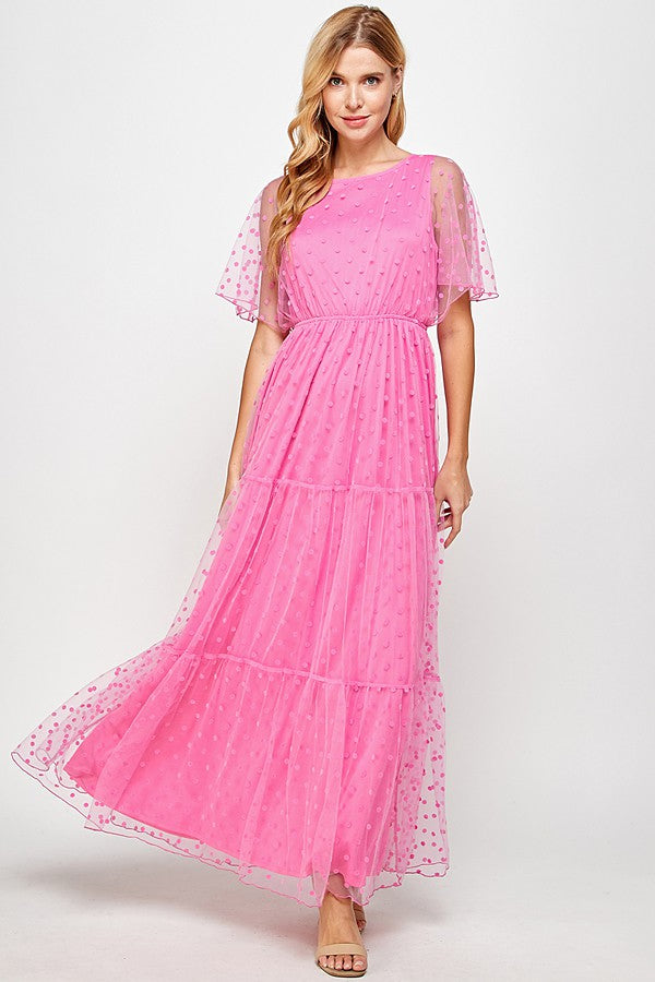 Fuchsia Polka Dot Mesh Maxi Dress