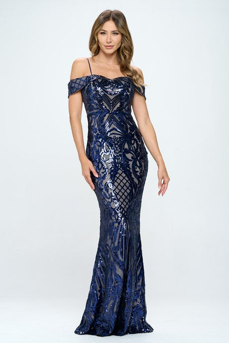 Navy/Nude Off Shoulder Sequence Dress