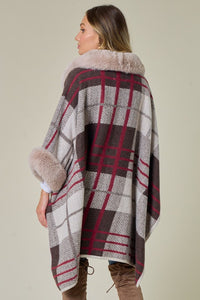Brown/Red Plaid Pattern Faux Fur Trim Shawl Coat