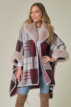 Brown/Red Plaid Pattern Faux Fur Trim Shawl Coat