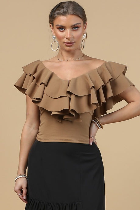 Brown V Neck Ruffled Top