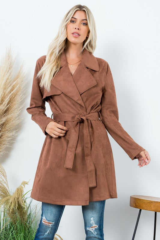 Cognac Suede Trench Coat Jacket Tie Belt
