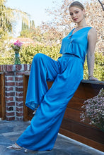 Blue Solid Color V Neck Vest And Pants Set