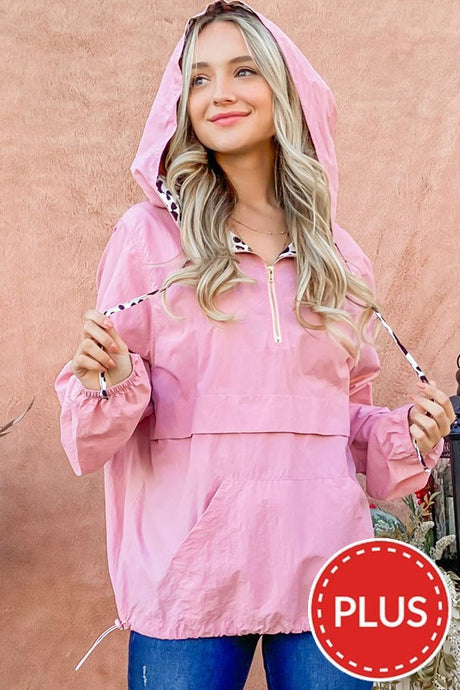 Mauve Leopard Print Hoodie Zipper Up Pocket Windbreaker