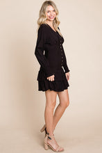Black Tiered Hem Button Down Smocked Sleeve Dress