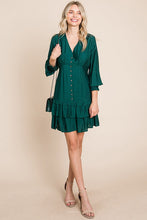 Hunter Green Tiered Hem Button Down Smocked Sleeve Dress