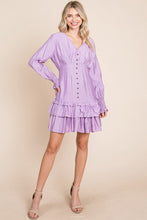 Lavender Tiered Hem Button Down Smocked Sleeve Dress