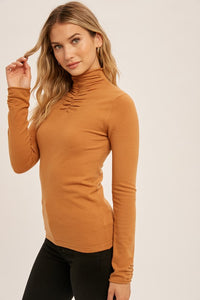 Pumpkin Shirring Mock Neck Fitted Sweater