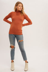 Rust Shirring Mock Neck Fitted Sweater