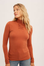 Rust Shirring Mock Neck Fitted Sweater