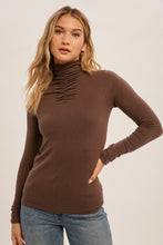 Dark Chocolate Shirring Mock Neck Fitted Sweater