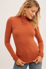 Rust Shirring Mock Neck Fitted Sweater