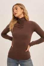 Dark Chocolate Shirring Mock Neck Fitted Sweater